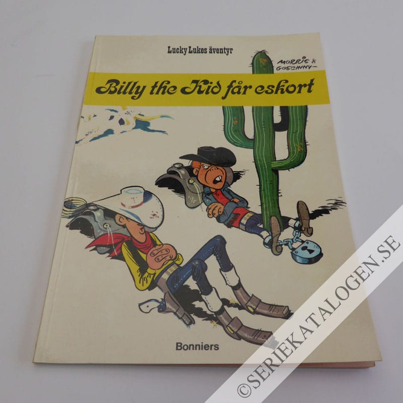 Framsida på Lucky Lukes äventyr Billy the Kid får eskort (1973)
