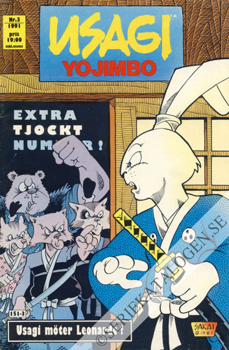 Framsida på Usagi Yojimbo Usagi möter Leonardo! (1991)