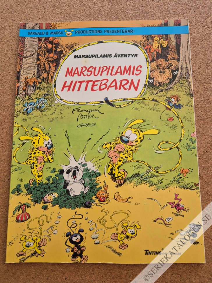 Framsida på Tintins äventyrsklubb Marsupilamis hittebarn (1989)