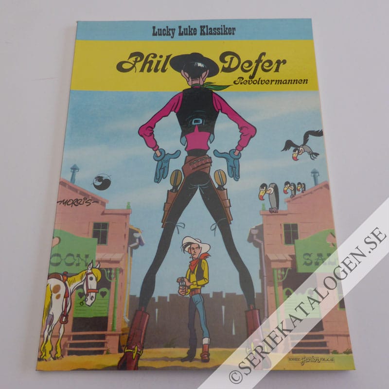Framsida på Lucky Lukes äventyr Phil Defer-revolvermannen (1980)