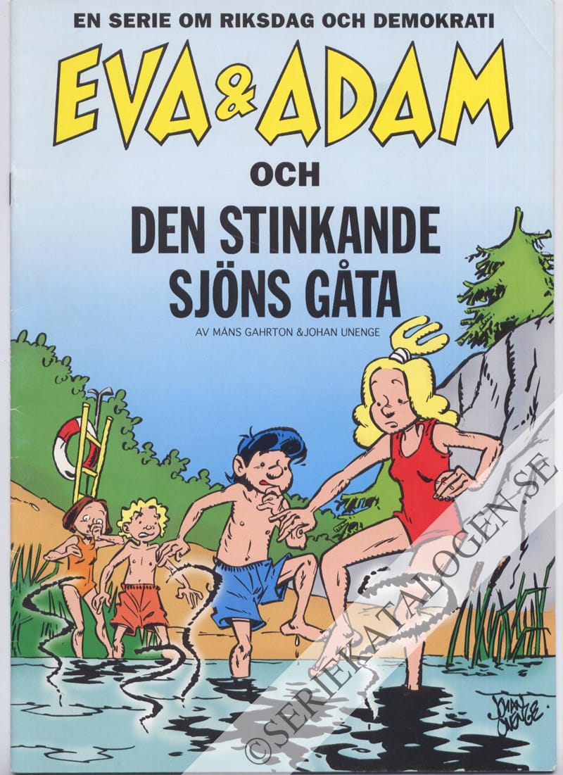 Framsida på Eva och Adam en serie om riksdag och demokrati Eva och Adam och den stinkande sjöns gåta (199?)