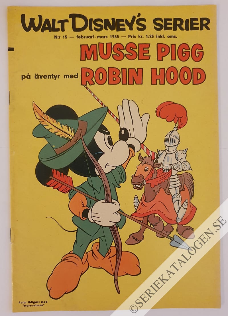 Framsida på Walt Disney's serier Musse Pigg på äventyr med Robin Hood (1965)