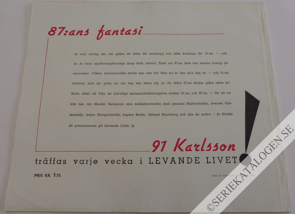 Baksida på 91 Karlsson - Hela Sveriges lille beväringsman - Nya äventyr i fält och logement (1939)