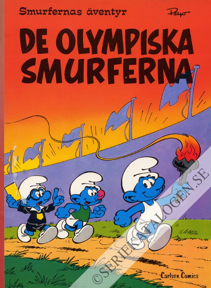 Framsida på Smurfernas äventyr De olympiska smurferna (1980)
