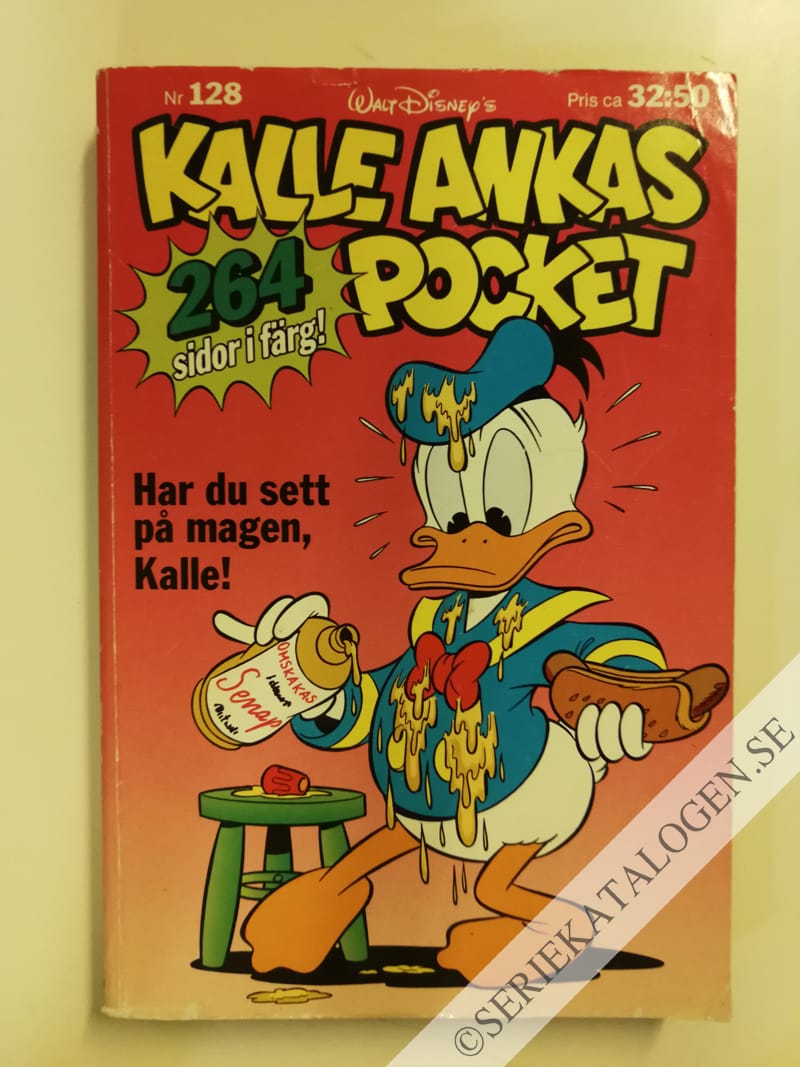 Framsida på Kalle Ankas pocket #128 - Har du sett på magen, Kalle! (1990)