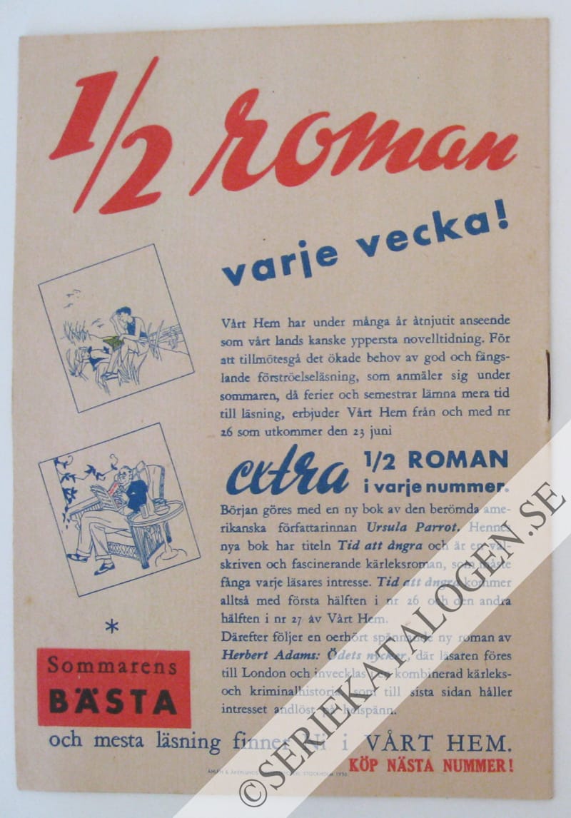 Baksida på "10 skämtserier varje vecka i Vårt Hem" (1936)