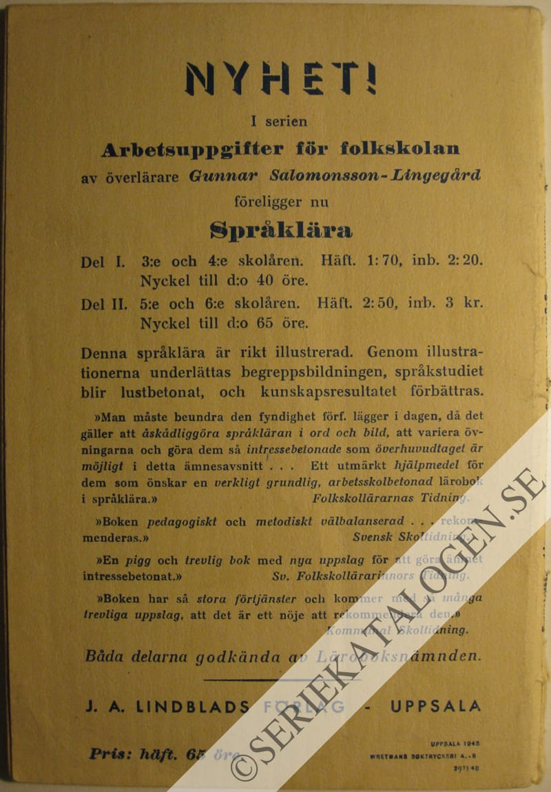 Baksida på Uppsatsskrivning - första häftet, 3:e och 4:e skolåren (1952)