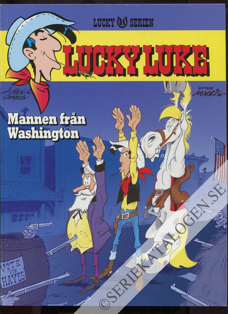 Framsida på Lucky Lukes äventyr #84 - Mannen från Washington (2009)