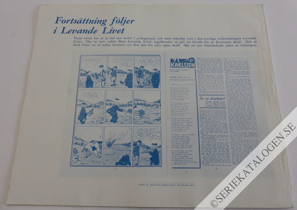 Baksida på Nu kommer 91 Karlsson! - Hela Sveriges lille beväringsman på nya äventyr (1937)