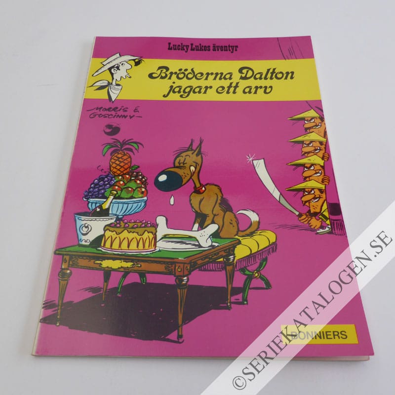 Framsida på Lucky Lukes äventyr Bröderna Dalton jagar ett arv (1974)
