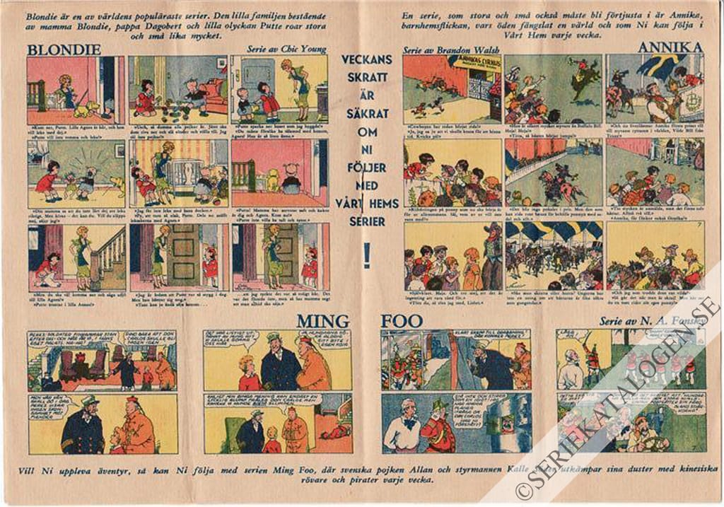 Exempel på "10 stora, roliga skämtserier innehåller varje nummer av Vårt Hem" (1936)
