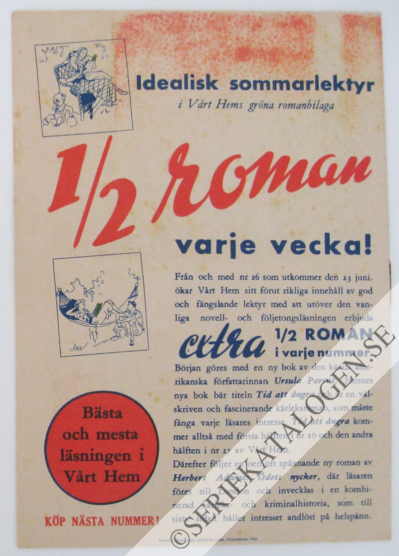 Baksida på "10 stora, roliga skämtserier innehåller varje nummer av Vårt Hem" (1936)