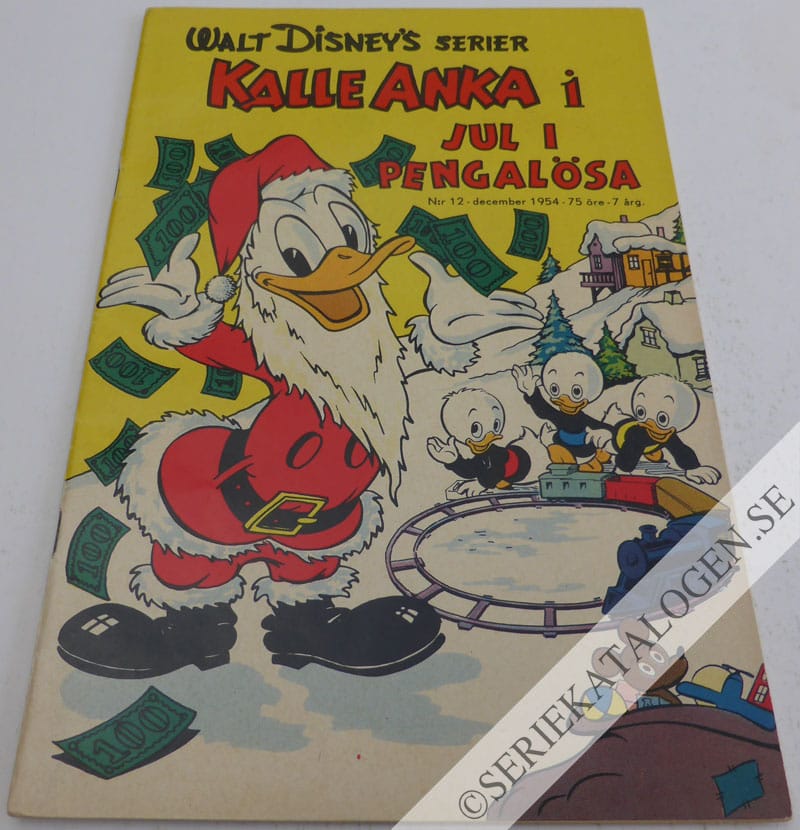 Framsida på Walt Disney's serier Kalle Anka i jul i Pengalösa (1954)
