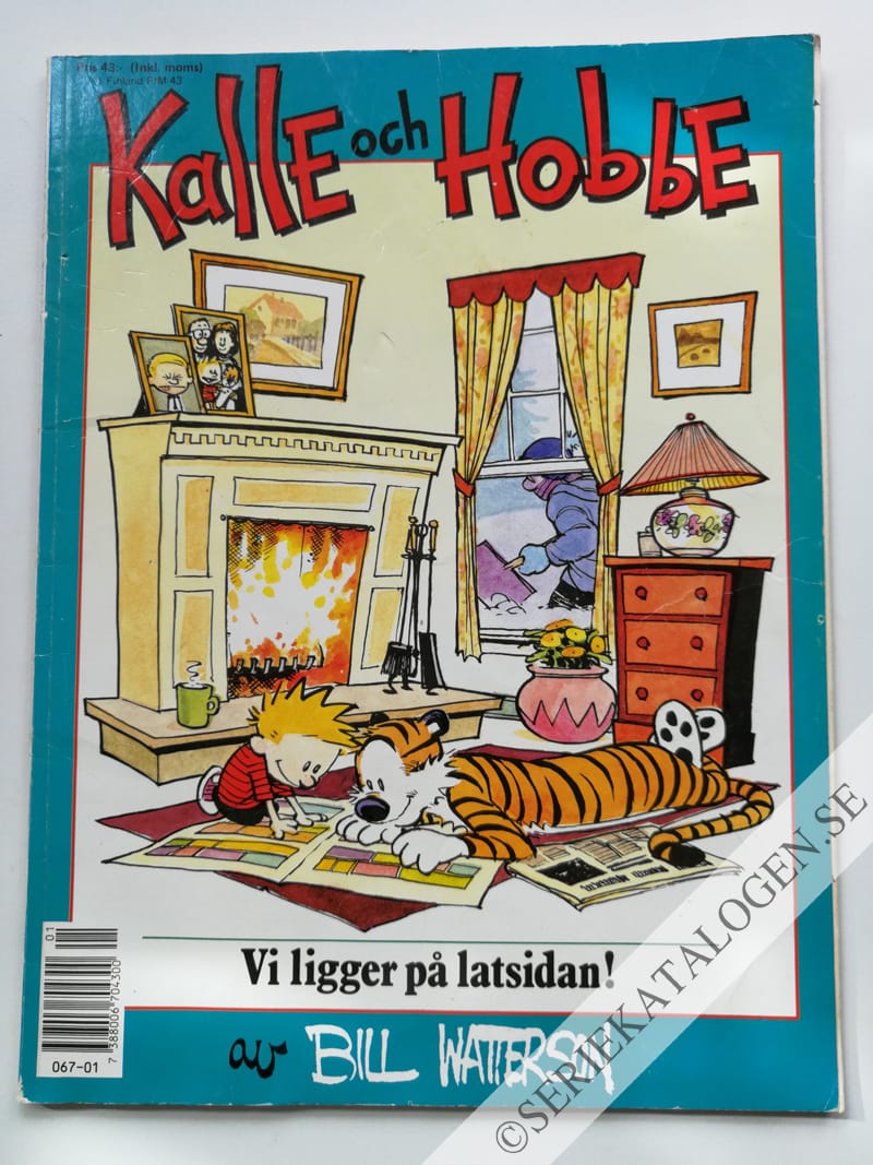 Framsida på Kalle och Hobbe Vi ligger på latsidan! (1991)
