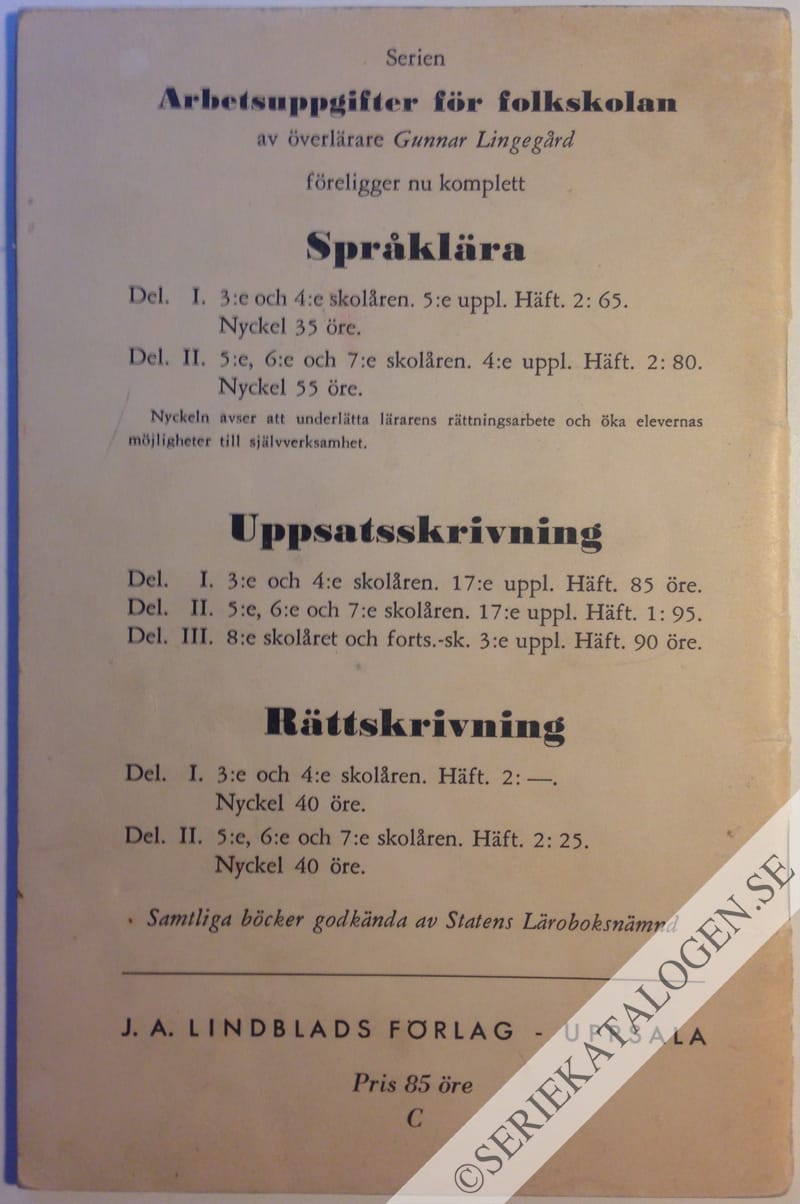 Baksida på Uppsatsskrivning - första häftet, 3:e och 4:e skolåren (19??)