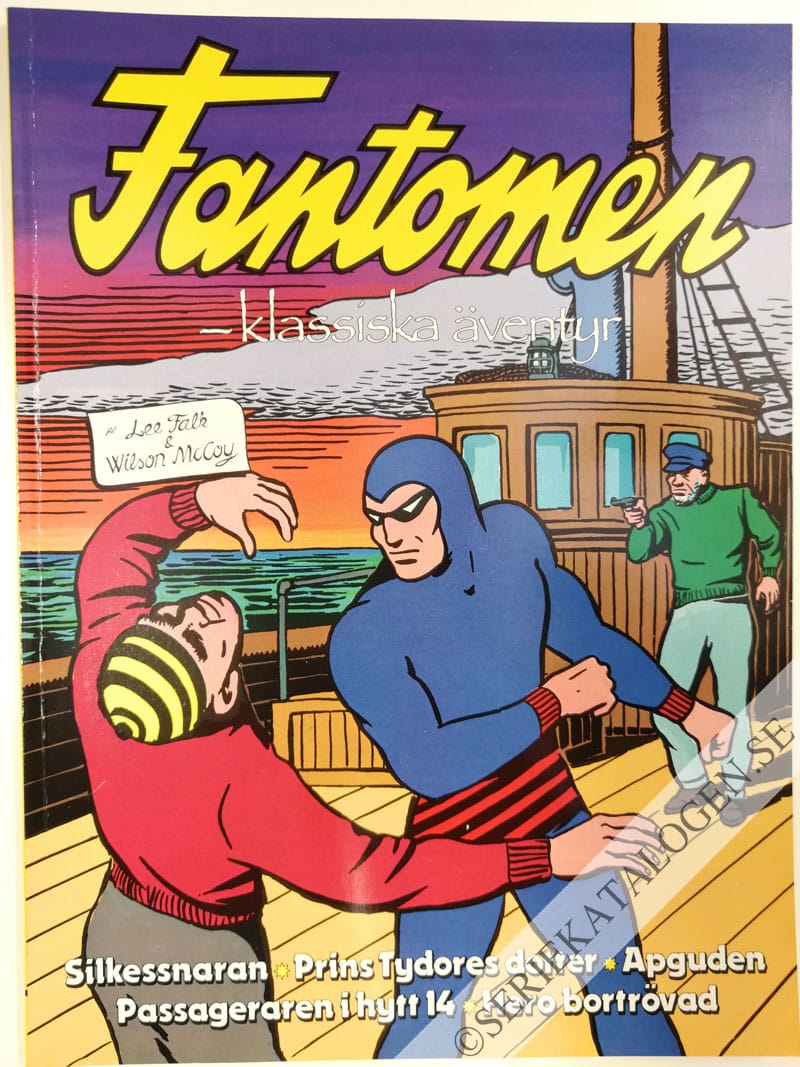 Framsida på Fantomen Klassiska Äventyr: Silkessnaran - Prins Tydores dotter - Apguden - Passageraren i hytt 14 - Hero bortrövad (1985) (variant)